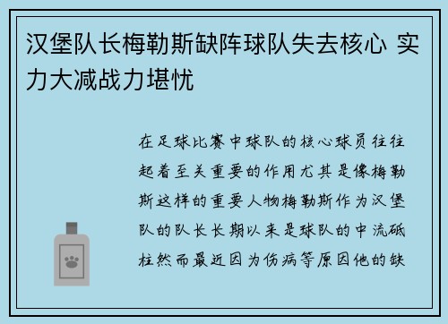 汉堡队长梅勒斯缺阵球队失去核心 实力大减战力堪忧