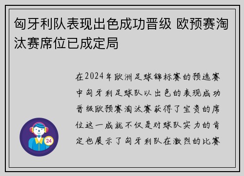 匈牙利队表现出色成功晋级 欧预赛淘汰赛席位已成定局