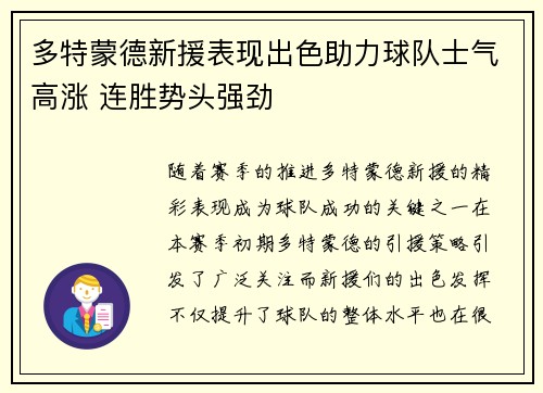 多特蒙德新援表现出色助力球队士气高涨 连胜势头强劲