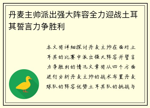 丹麦主帅派出强大阵容全力迎战土耳其誓言力争胜利