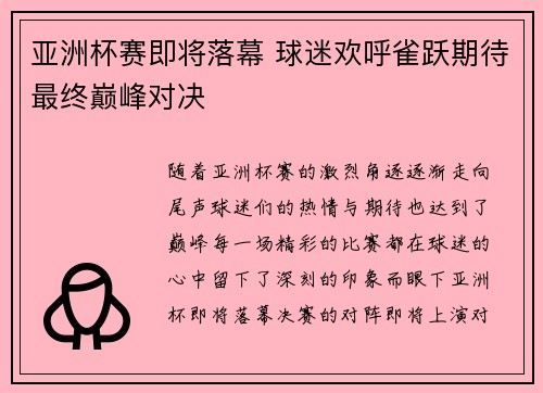 亚洲杯赛即将落幕 球迷欢呼雀跃期待最终巅峰对决