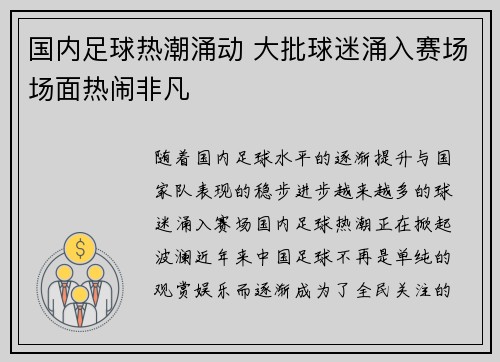 国内足球热潮涌动 大批球迷涌入赛场场面热闹非凡