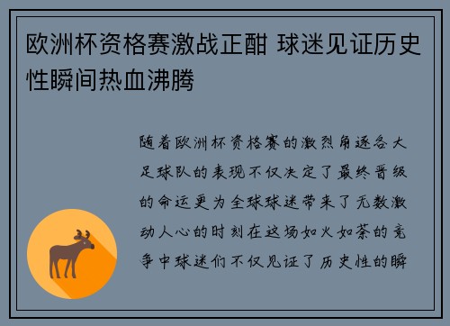欧洲杯资格赛激战正酣 球迷见证历史性瞬间热血沸腾