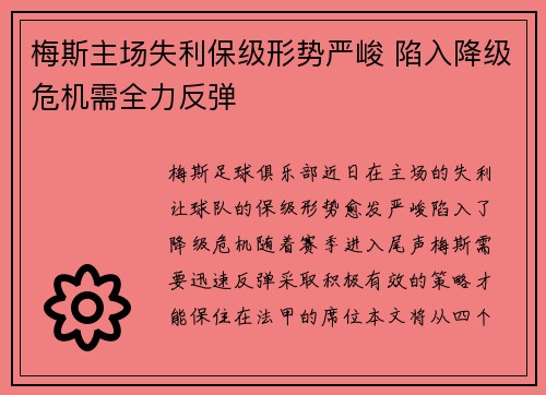 梅斯主场失利保级形势严峻 陷入降级危机需全力反弹